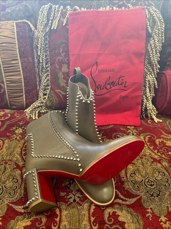 Christian Louboutin Shoes - Christian Louboutin-Never Worn-Taupe Studded Block-Heel Ankle Boots Red Soles